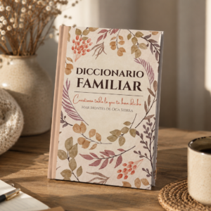 Libro Diccionario Familiar de Mar Montes de Oca Sierra sobre una mesa con flores secas